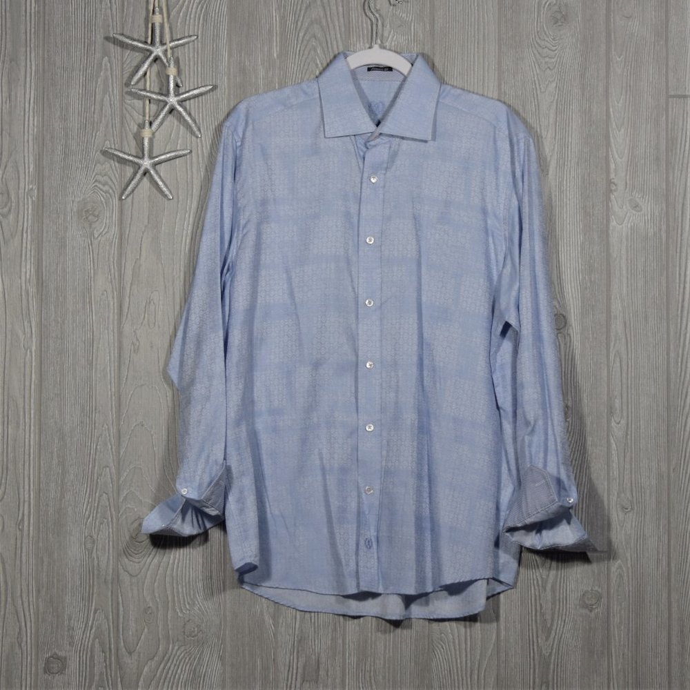 Bugatchi Dress Shirt Size L Flip Cuffs Blue